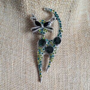 Silver Tone Cat Brooch with Green Rhinestones